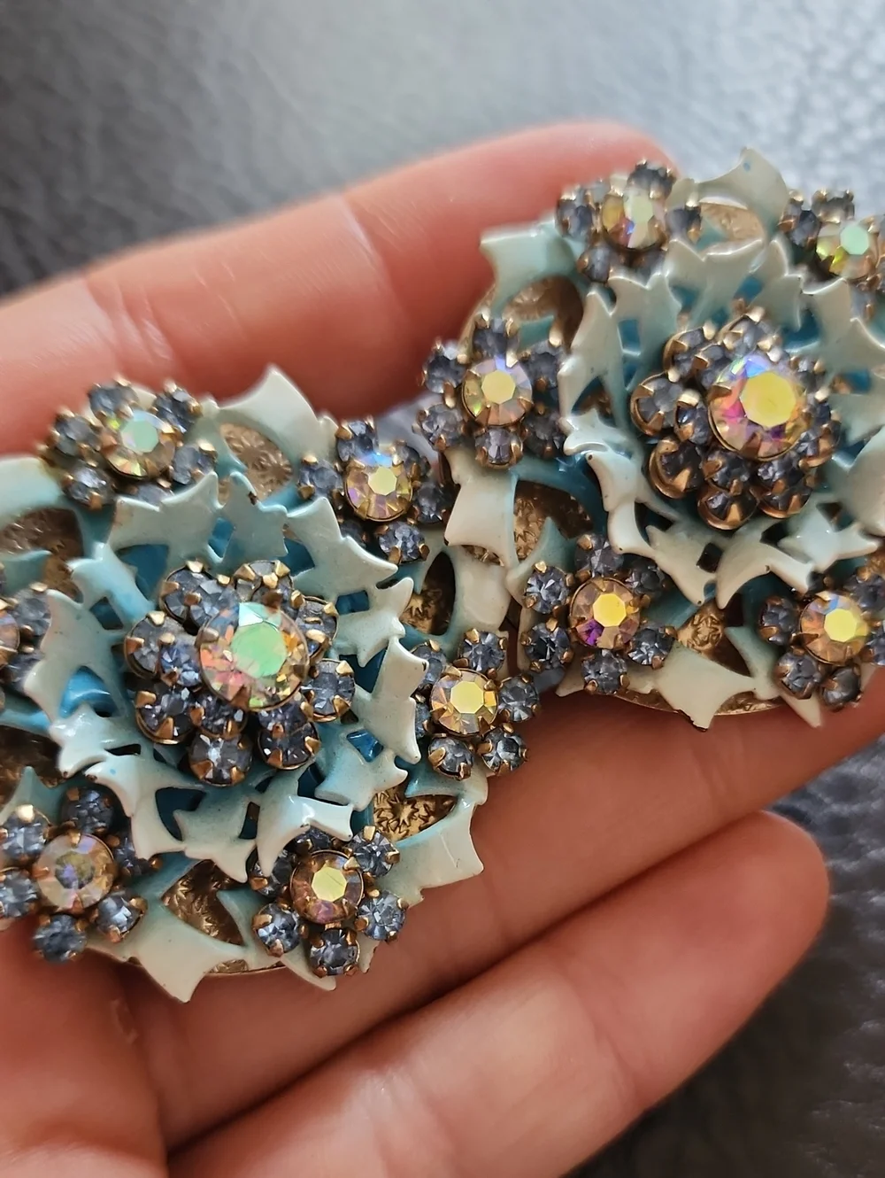 Vintage Style Aqua Crystal Flower Clip-On Earrings